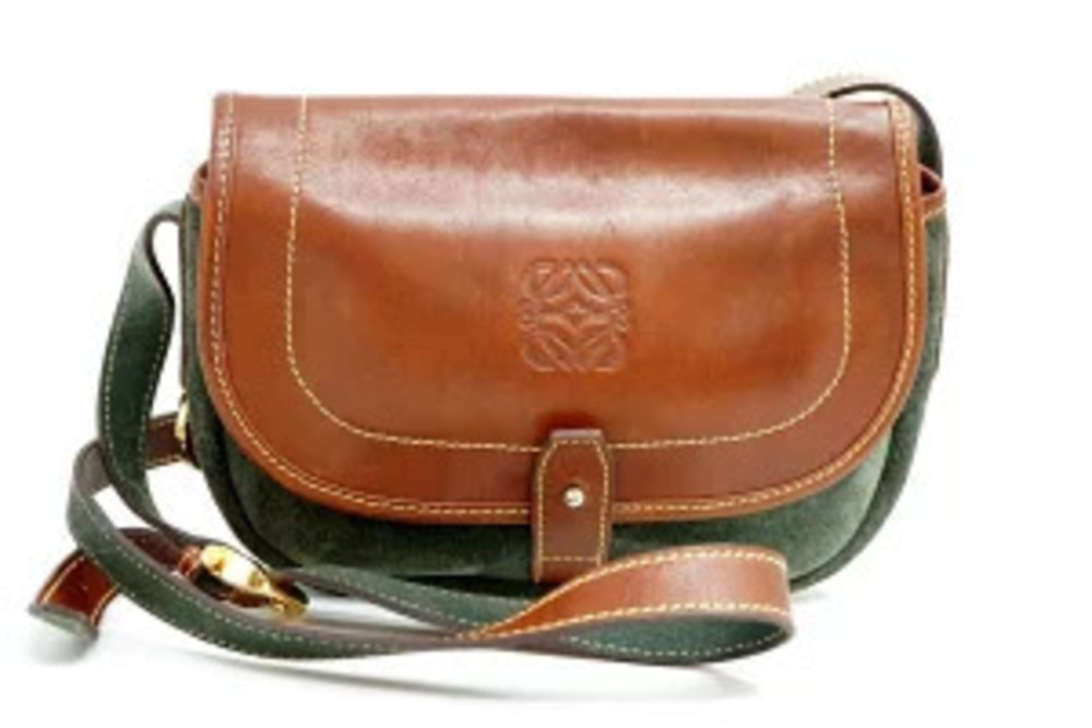 Loewe Anagram Bicolor Suede Leather Shoulder Bag Khaki Green Brown